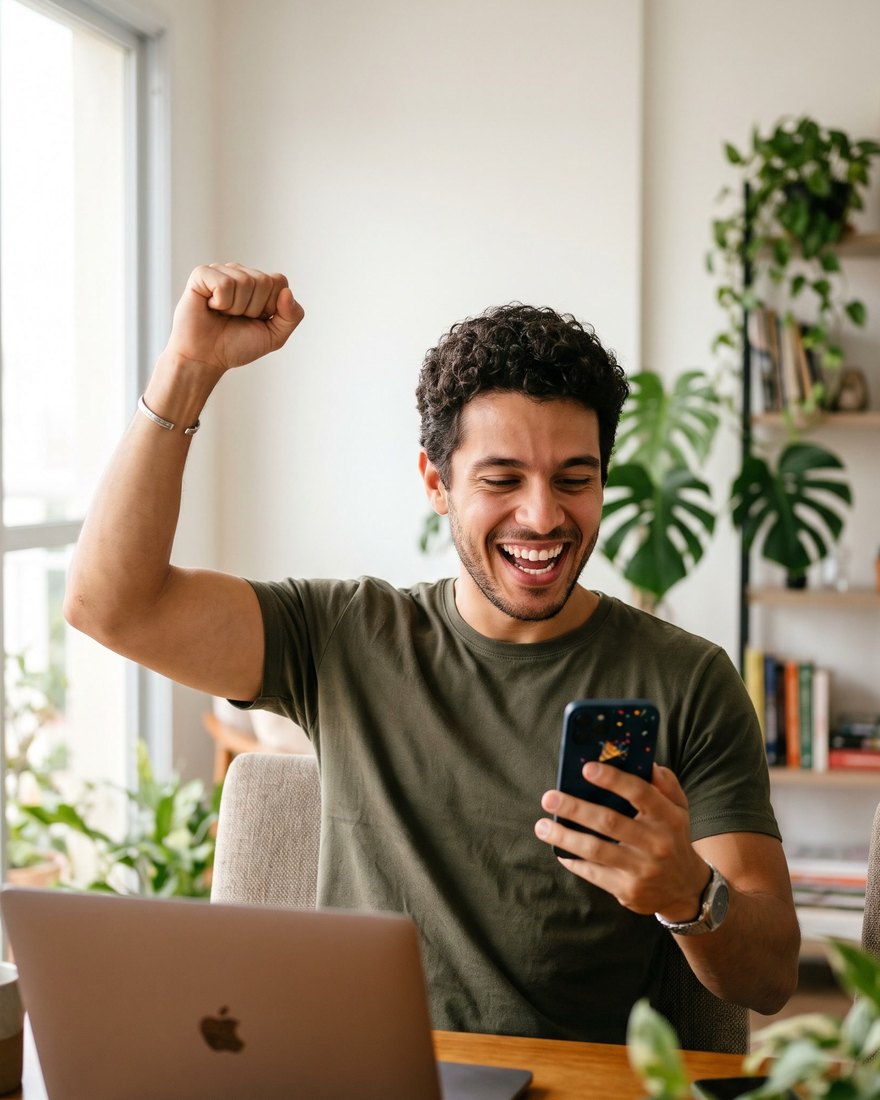 Jovem comemorando no celular os ganhos com vendas online